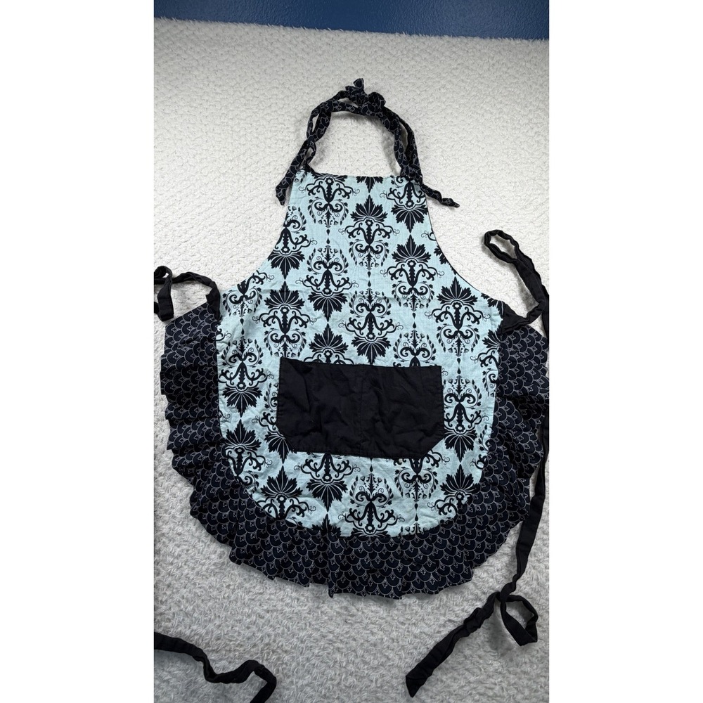 Flirty Aprons Blue w/Black Scroll Pattern & Ruffle Back or Side Tie Adult One Sz